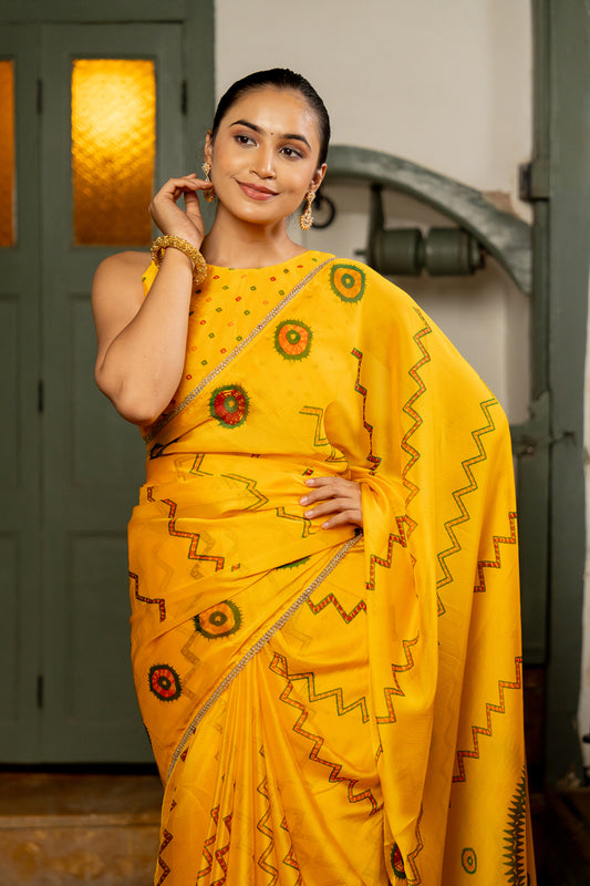 Vibrant Yellow Chiffon Saree with Traditional Motifs