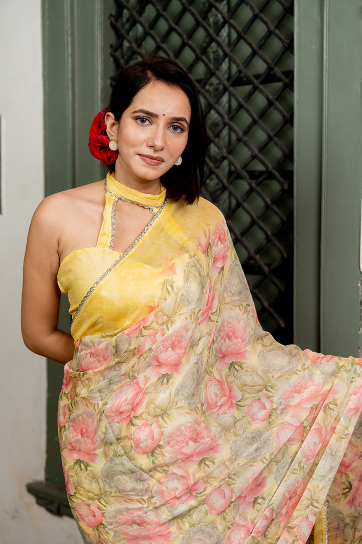 Professional Yellow Chiffon Saree with Floral Patterns