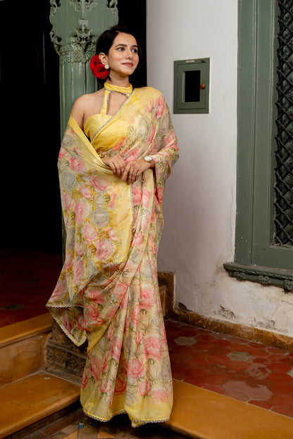 Professional Yellow Chiffon Saree with Floral Patterns