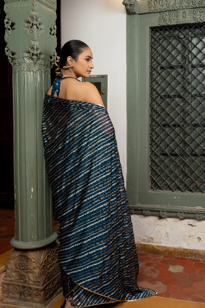 Graceful Blue Striped Chiffon Saree With Lace