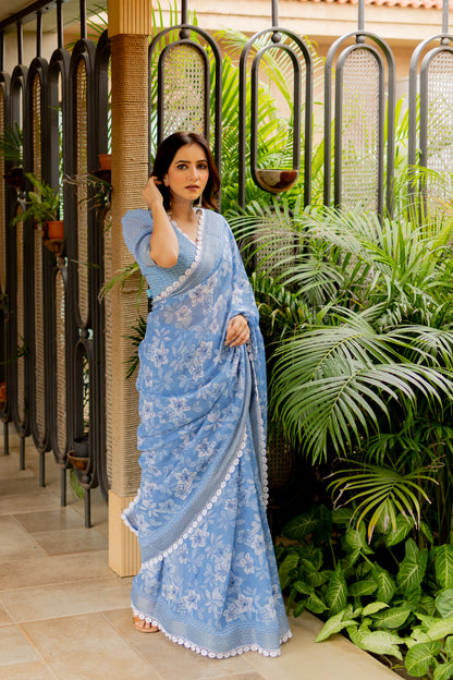 Blue Floral Printed Cotton Saree