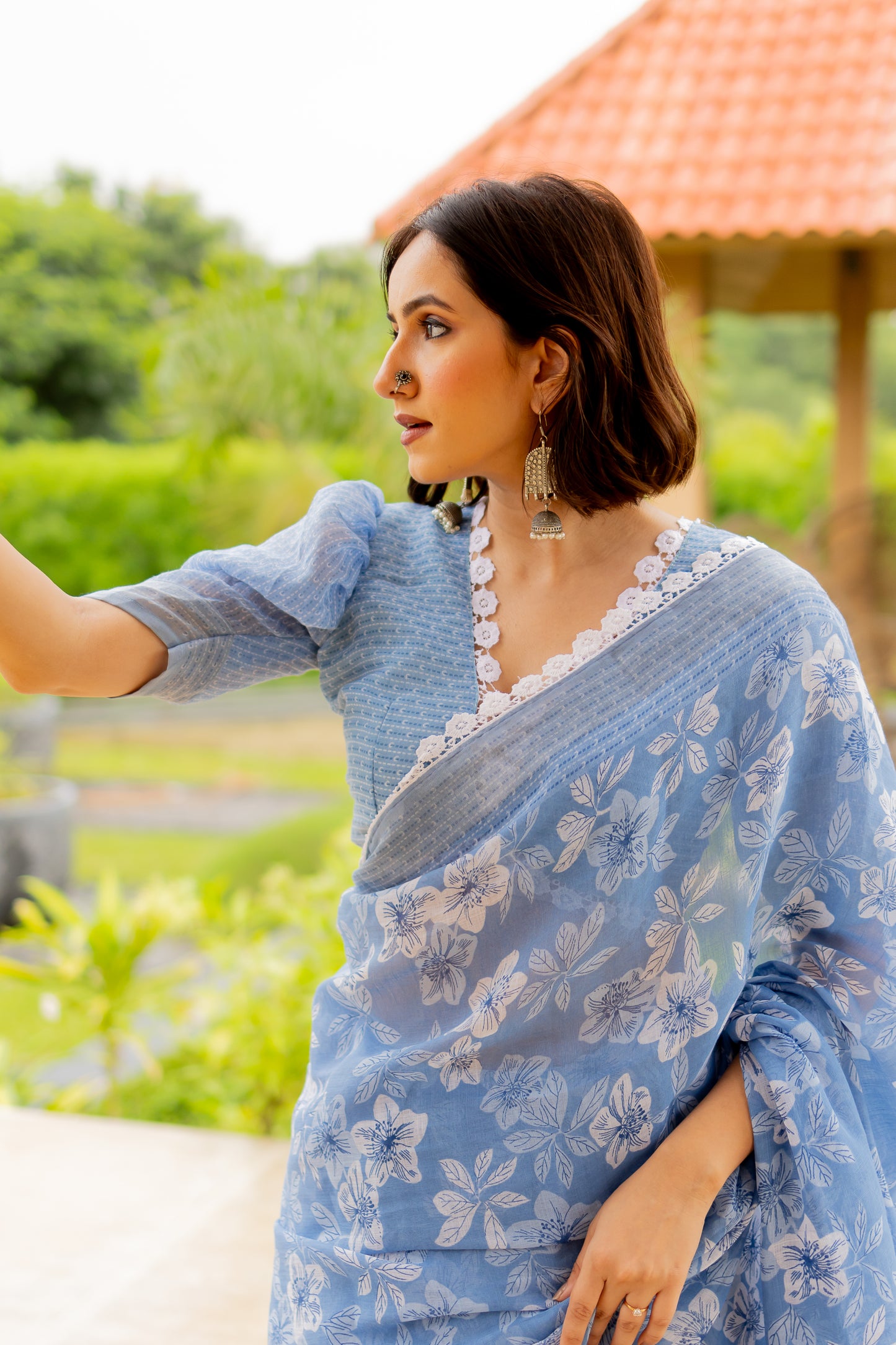 Blue Floral Printed Cotton Saree