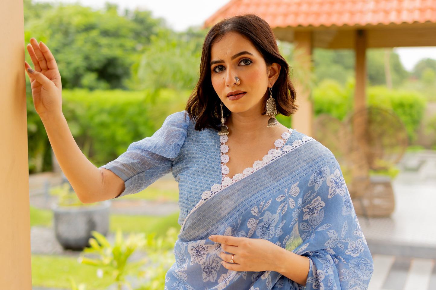 Blue Floral Printed Cotton Saree