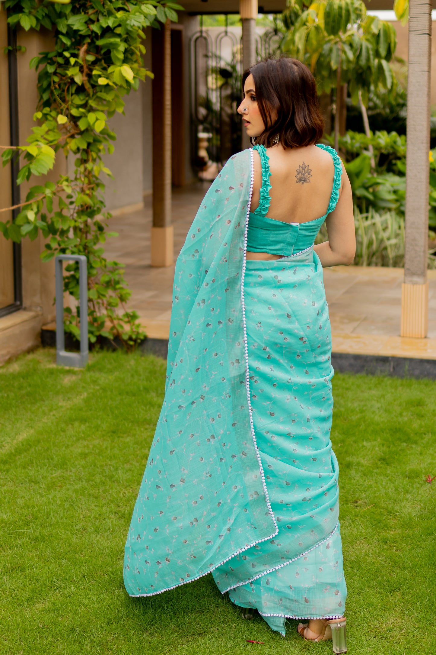 Teal Floral Cotton Saree with Crochet lace Work