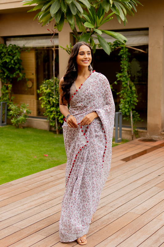 Off White Floral Print Cotton Saree with Pom Pom Lace Border