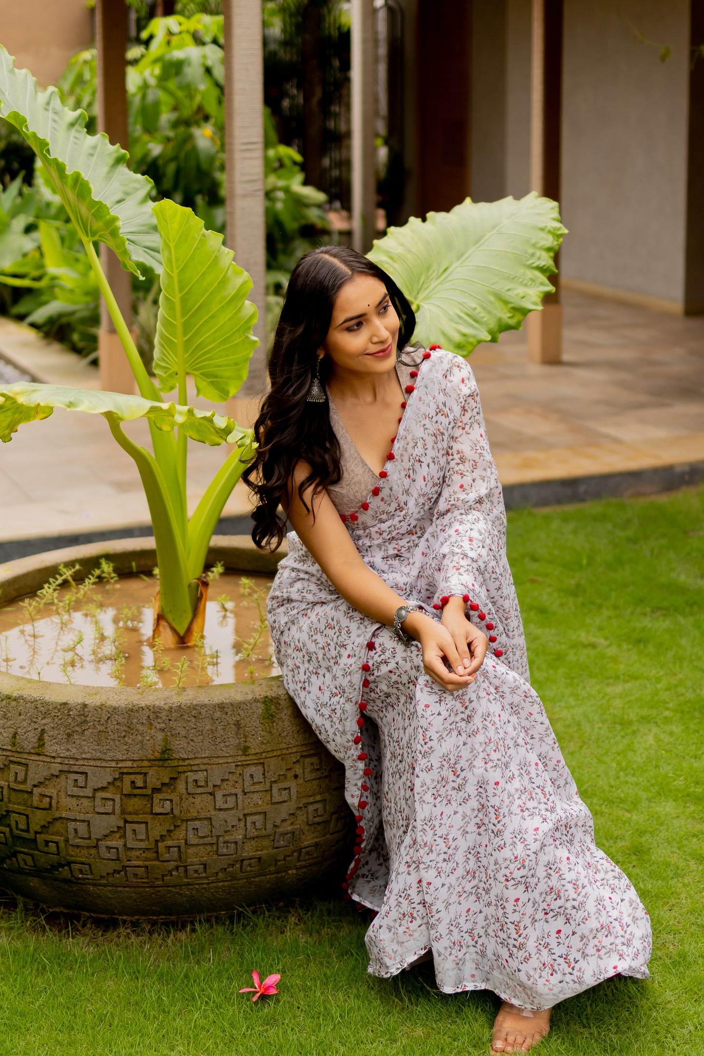 Off White Floral Print Cotton Saree with Pom Pom Lace Border