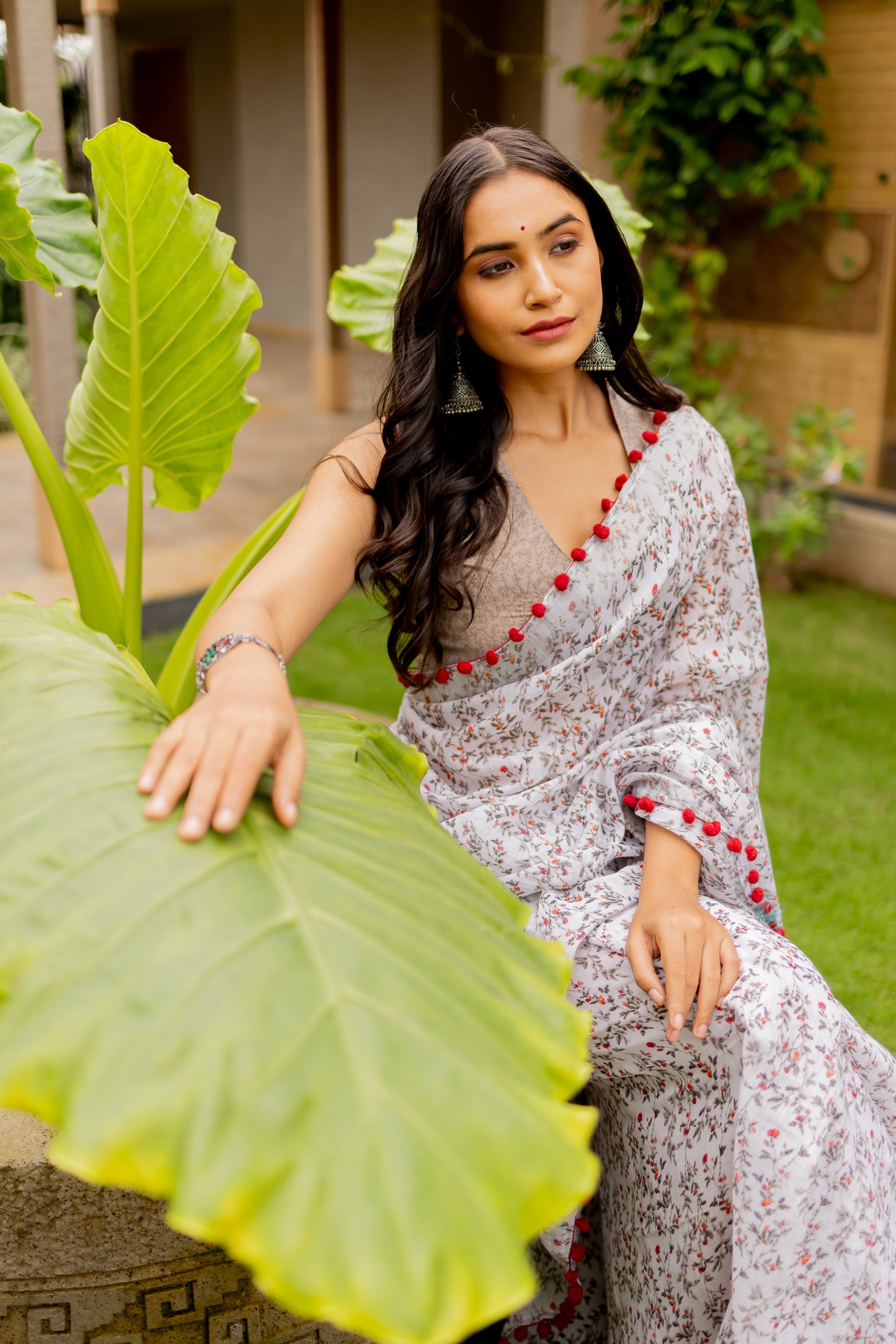 Off White Floral Print Cotton Saree with Pom Pom Lace Border