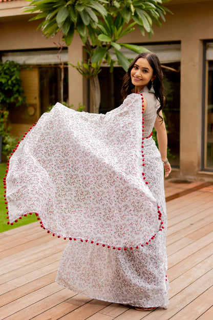 Off White Floral Print Cotton Saree with Pom Pom Lace Border