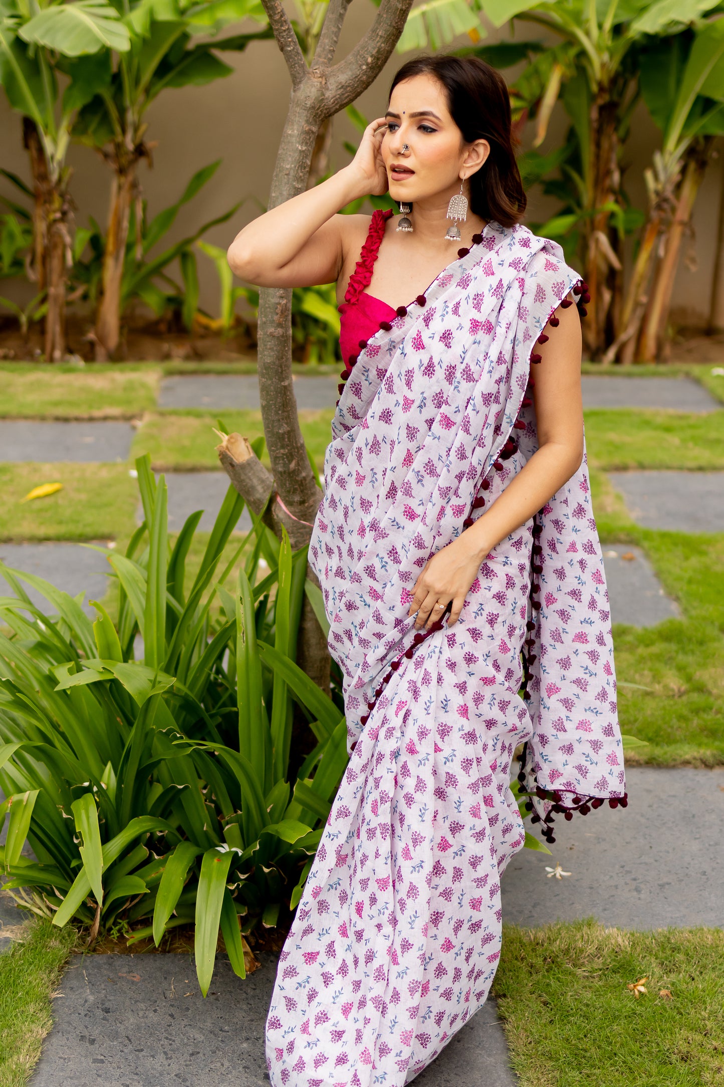 Off White Floral Print Cotton Saree with Pom Pom Lace Border