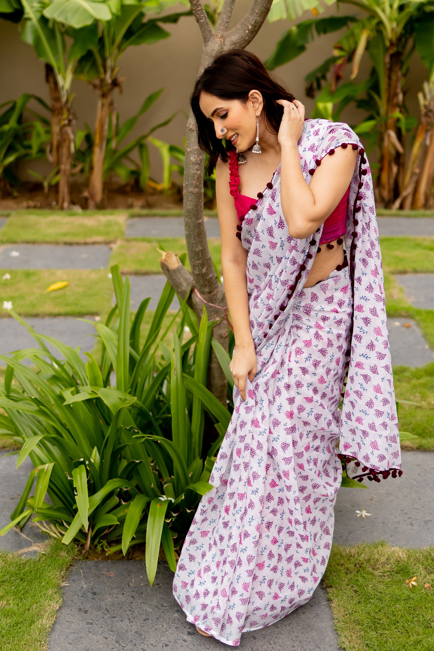 Off White Floral Print Cotton Saree with Pom Pom Lace Border