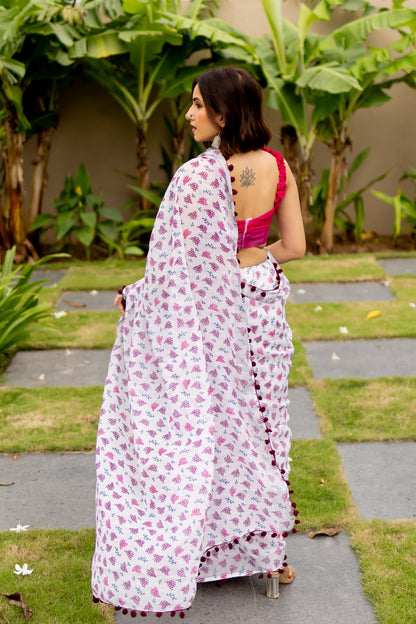 Off White Floral Print Cotton Saree with Pom Pom Lace Border