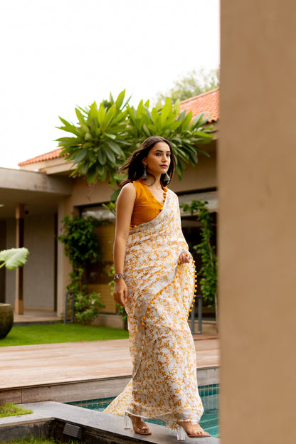 Off White Floral Print Cotton Saree with Pom Pom Lace Border