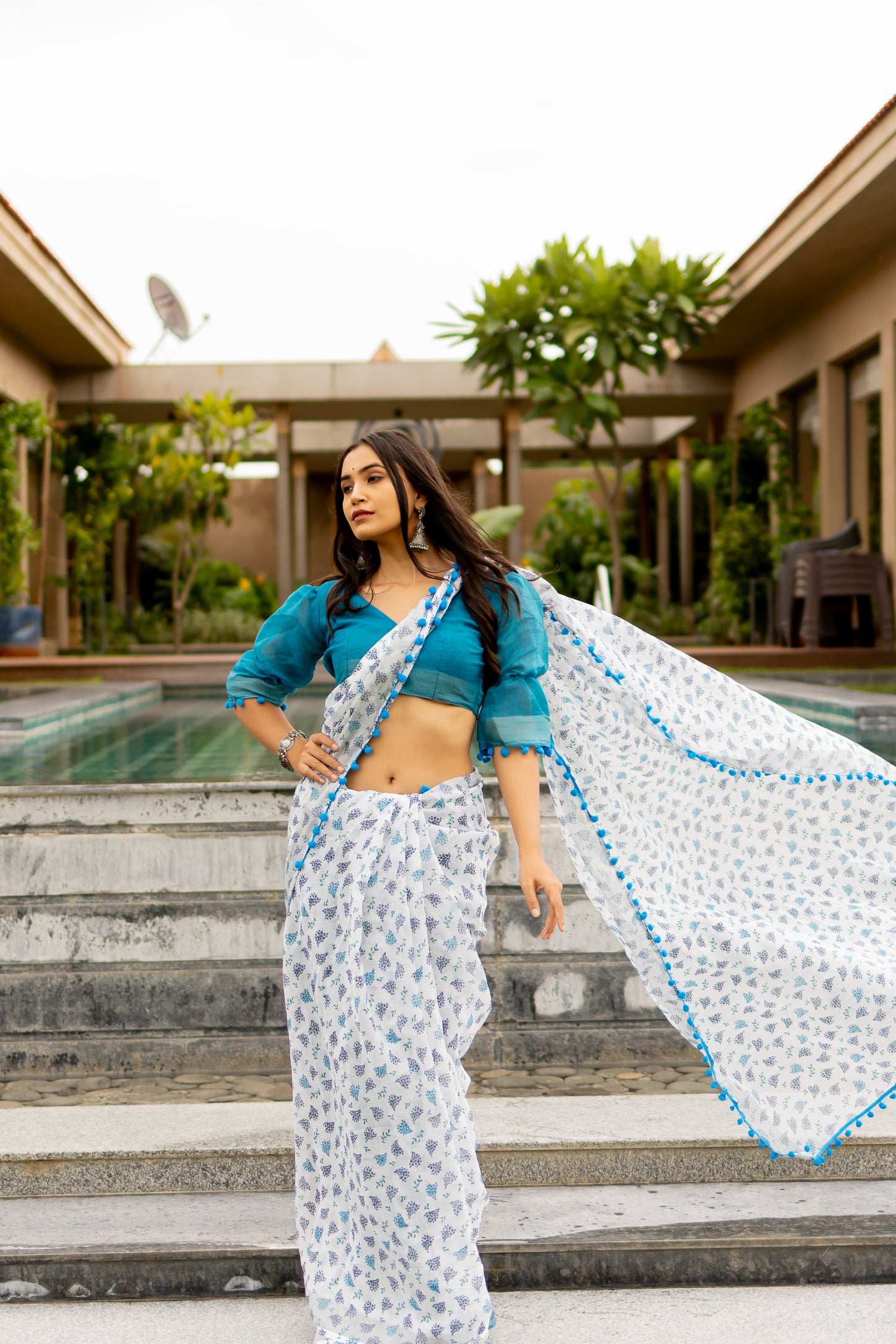 Off White Floral Print Cotton Saree with Pom Pom Lace Border