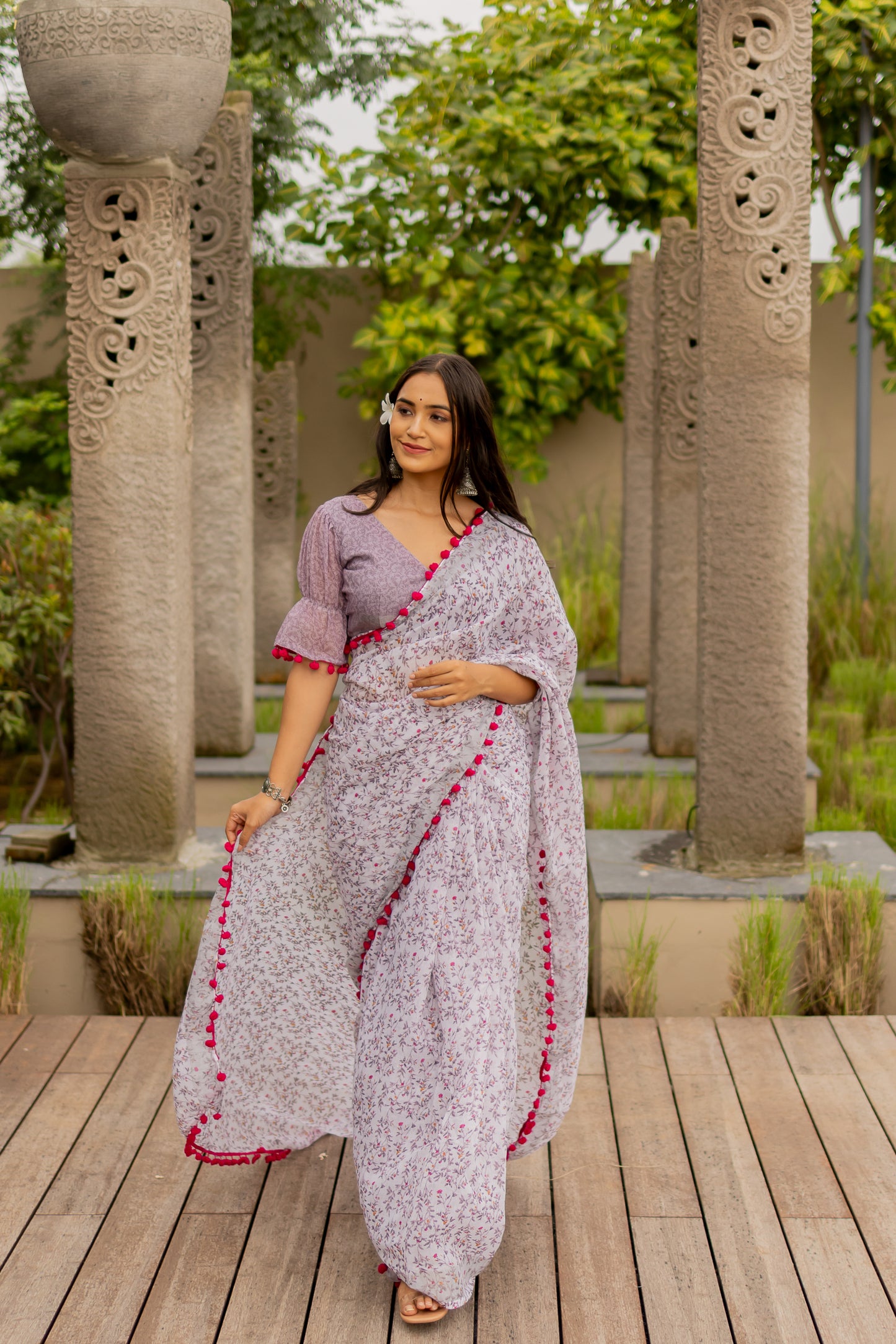 Floral Cotton Saree with Pom Pom Lace Work