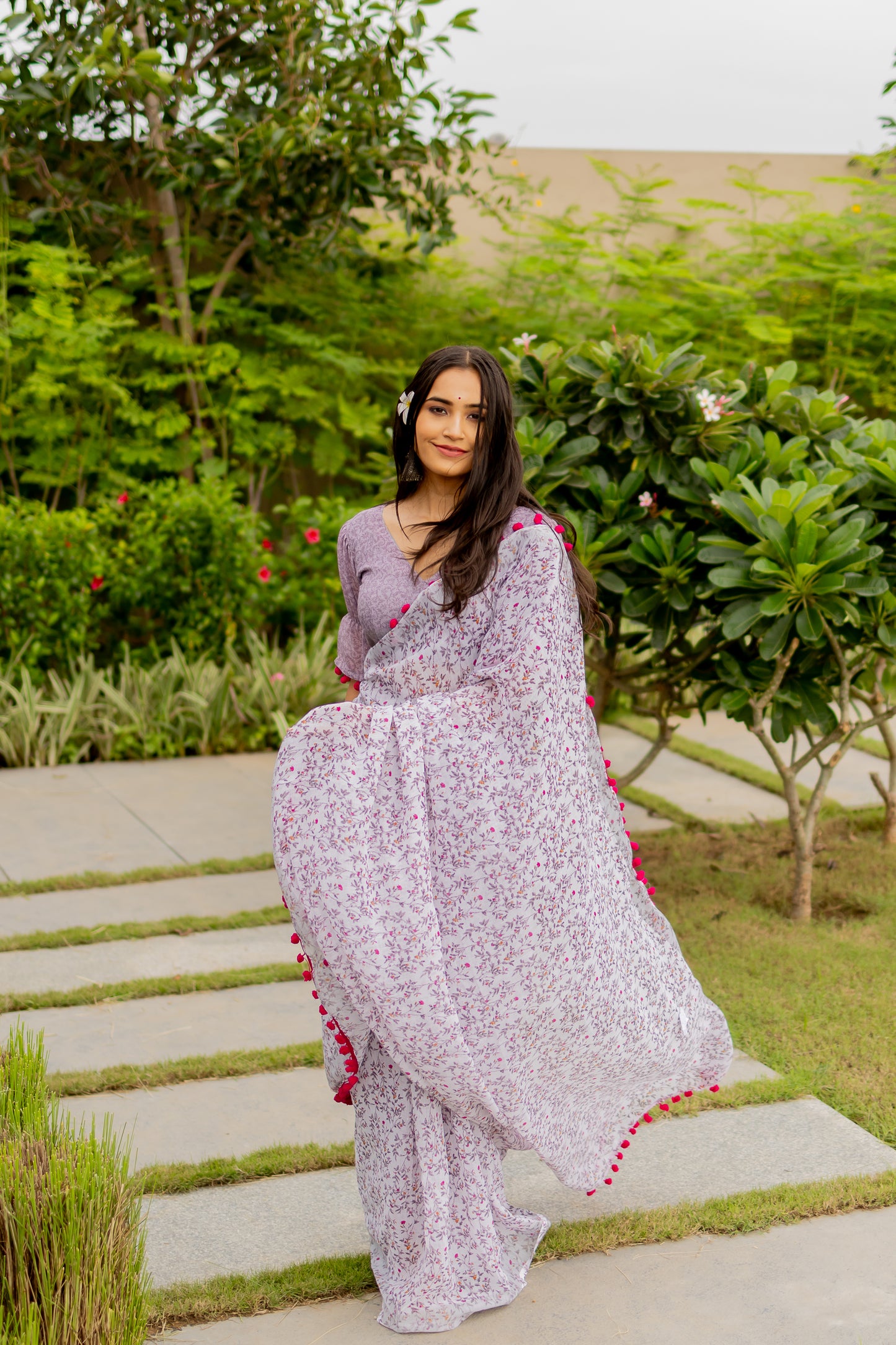 Floral Cotton Saree with Pom Pom Lace Work