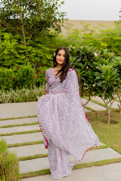Floral Cotton Saree with Pom Pom Lace Work