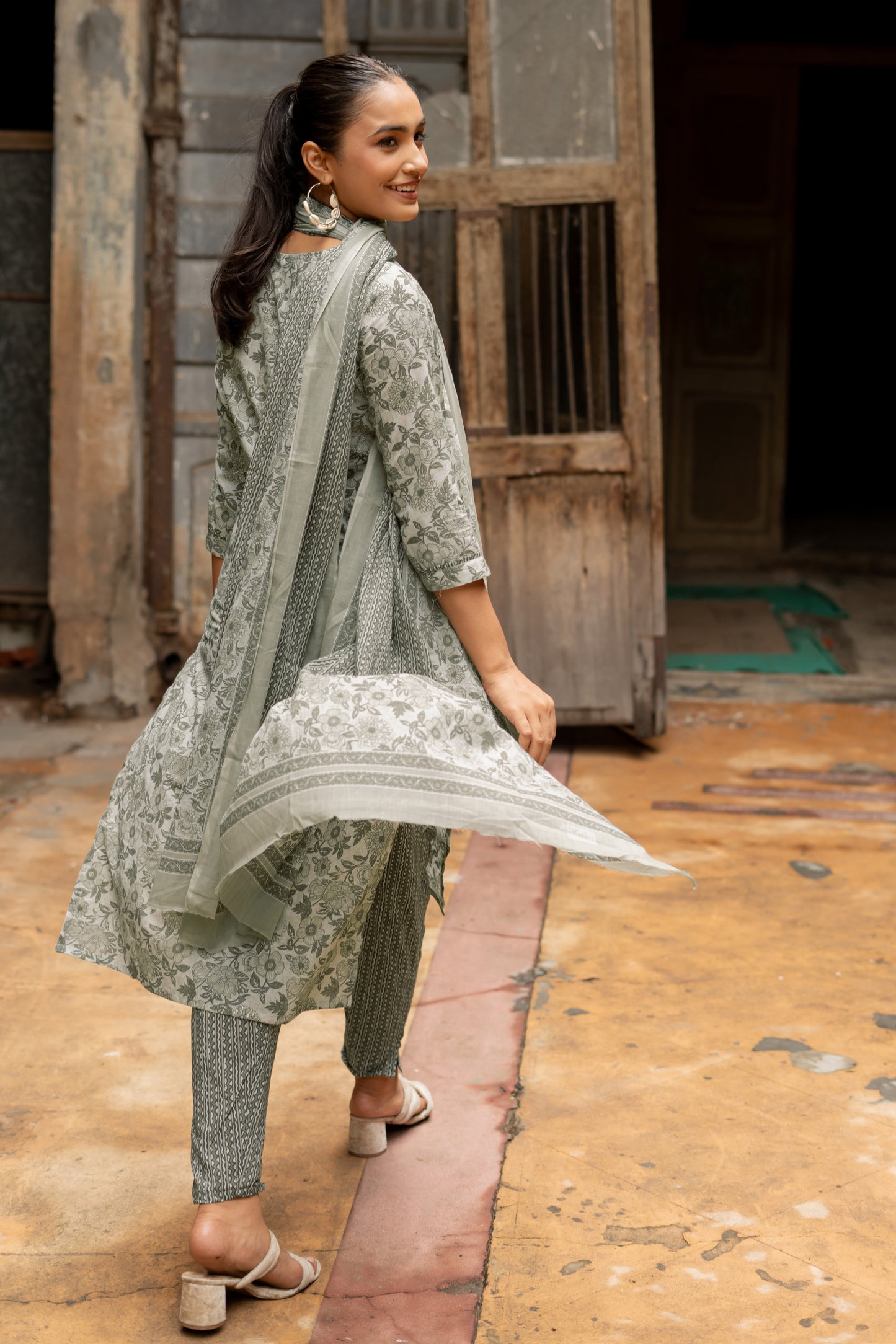 Ivory Pure Cotton Floral Print Kurta Set