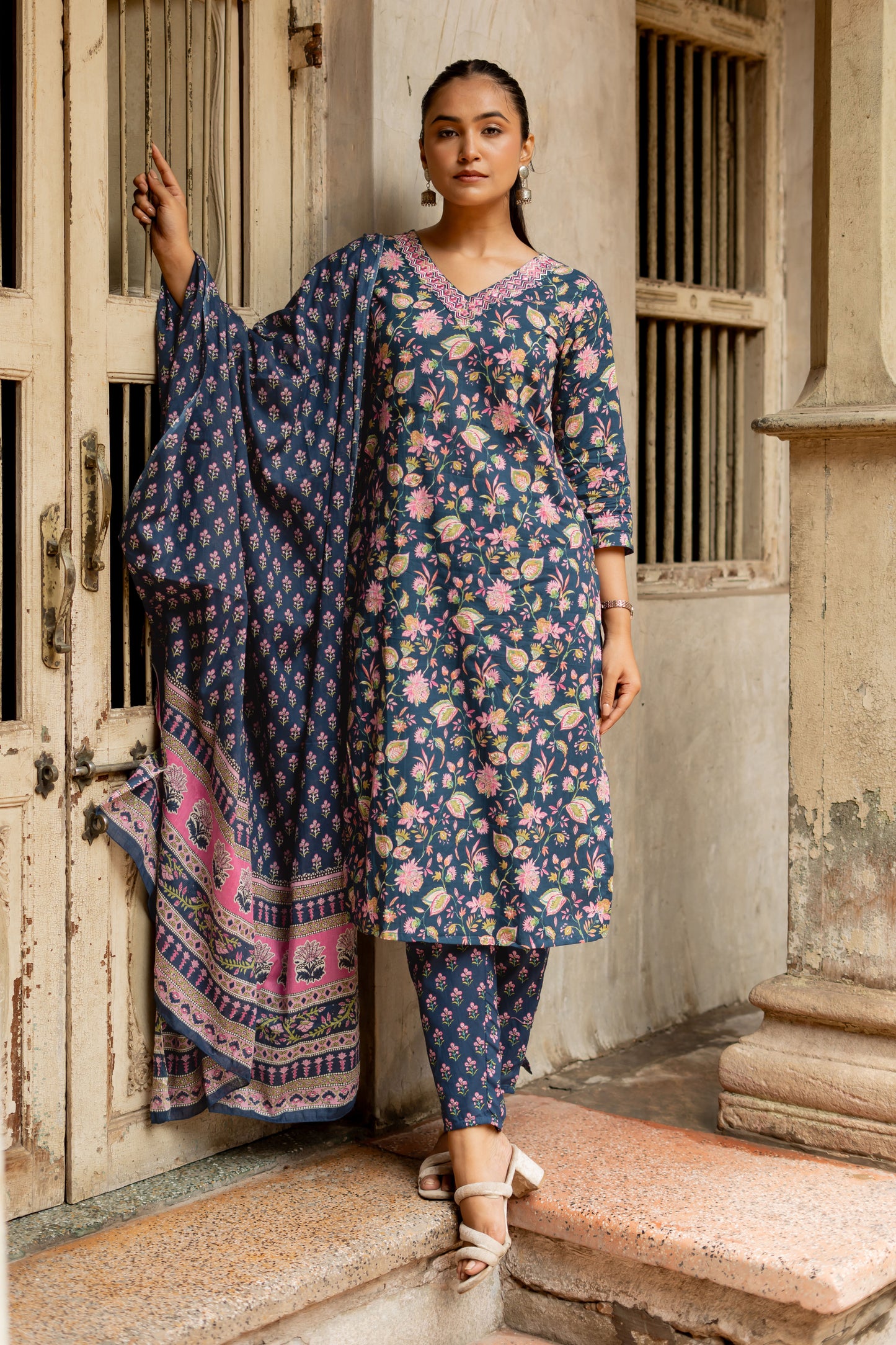 Navy Blue Pure Cotton Floral Print Kurta Set with dupatta