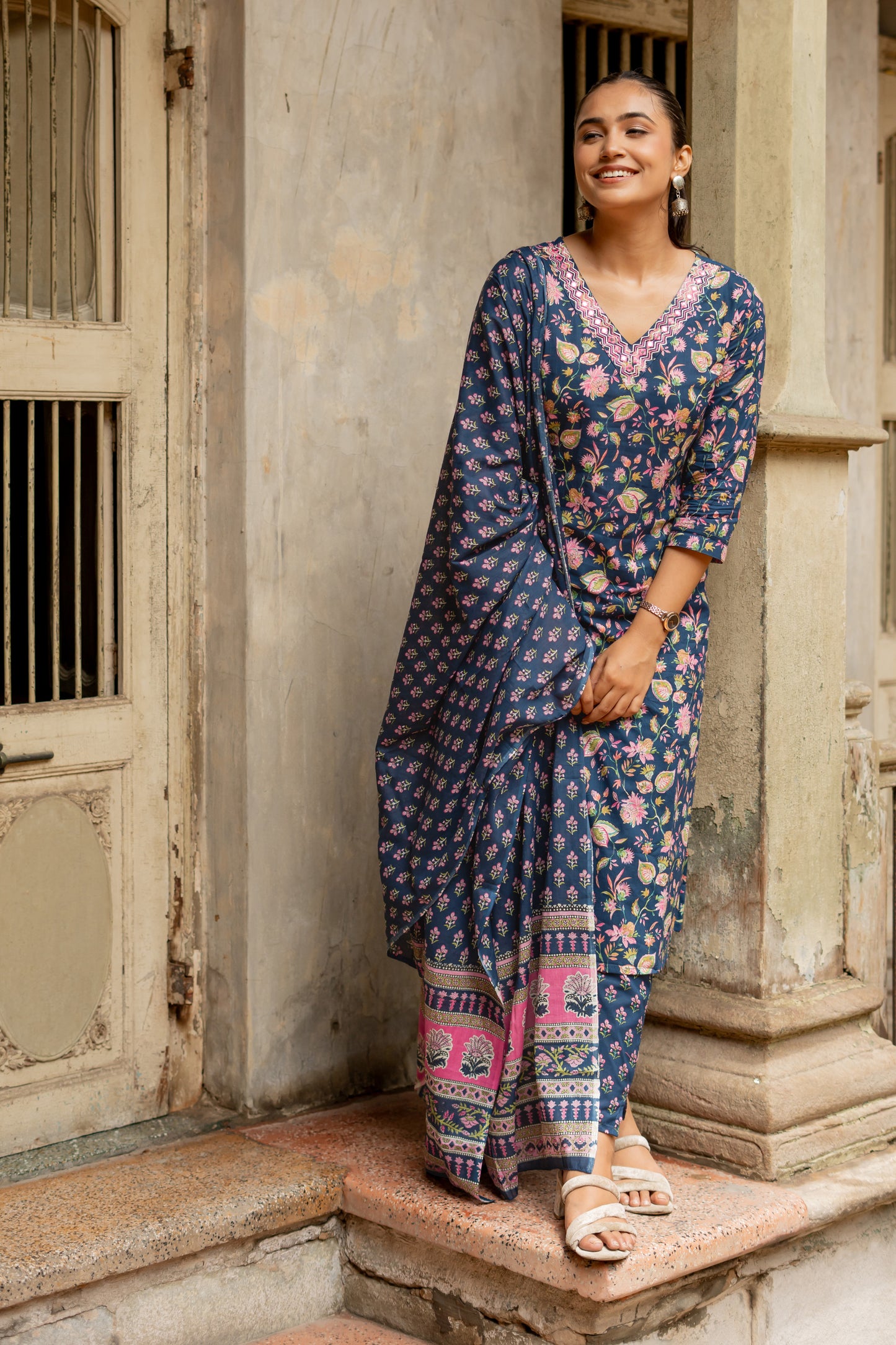 Navy Blue Pure Cotton Floral Print Kurta Set with dupatta