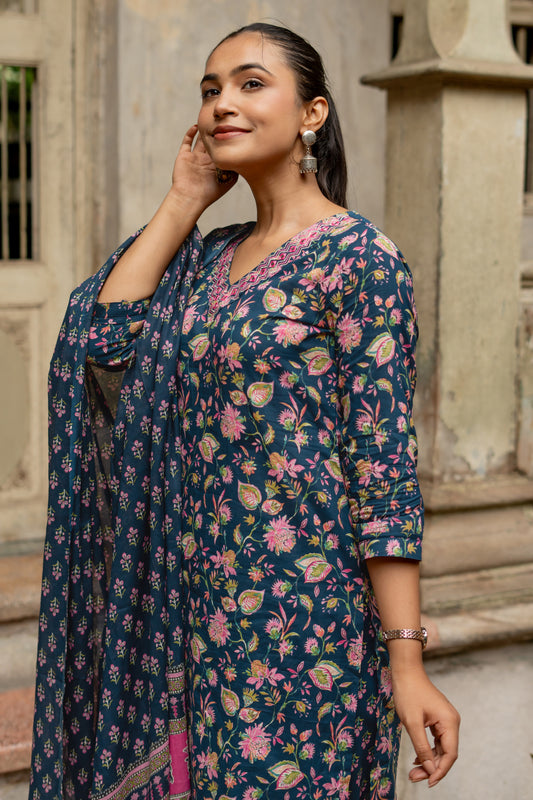 Navy Blue Pure Cotton Floral Print Kurta Set with dupatta