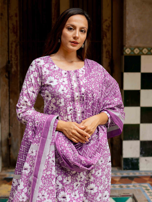 Cotton Floral Print Kurta Set with dupatta