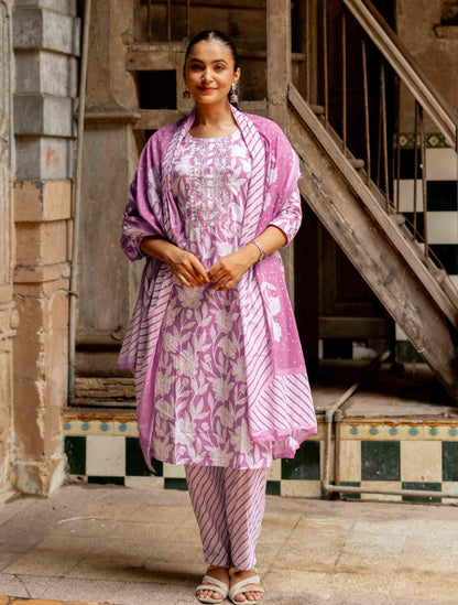 Floral Print With Embroidered Cotton Kurta Set