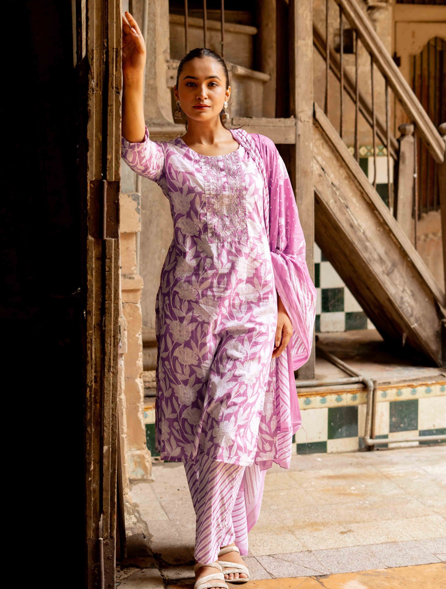 Floral Print With Embroidered Cotton Kurta Set