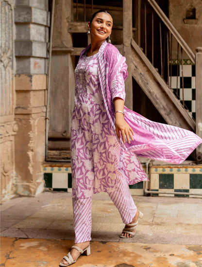 Floral Print With Embroidered Cotton Kurta Set