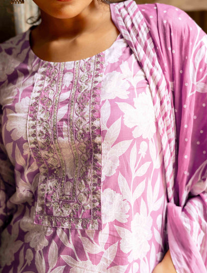 Floral Print With Embroidered Cotton Kurta Set