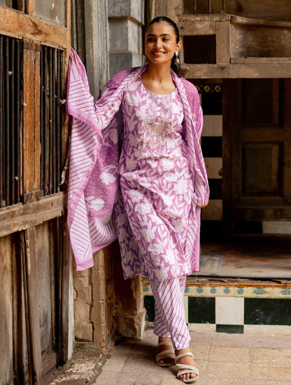 Floral Print With Embroidered Cotton Kurta Set