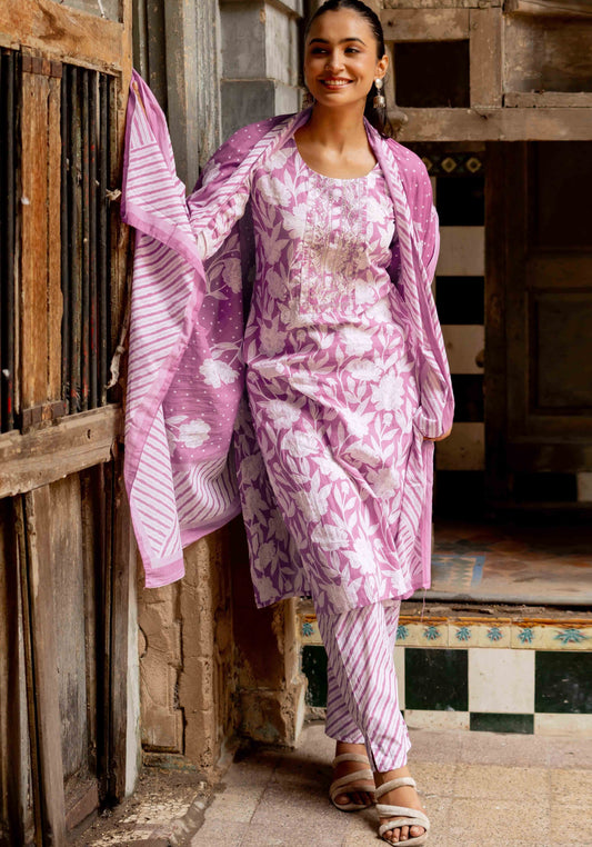 Floral Print With Embroidered Cotton Kurta Set