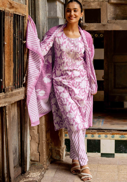 Floral Print With Embroidered Cotton Kurta Set