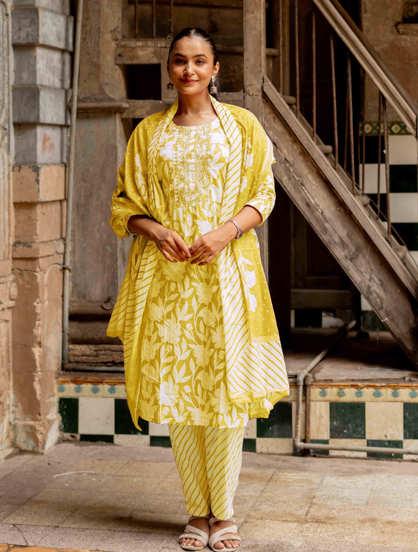 Floral Print With Embroidered Cotton Kurta Set