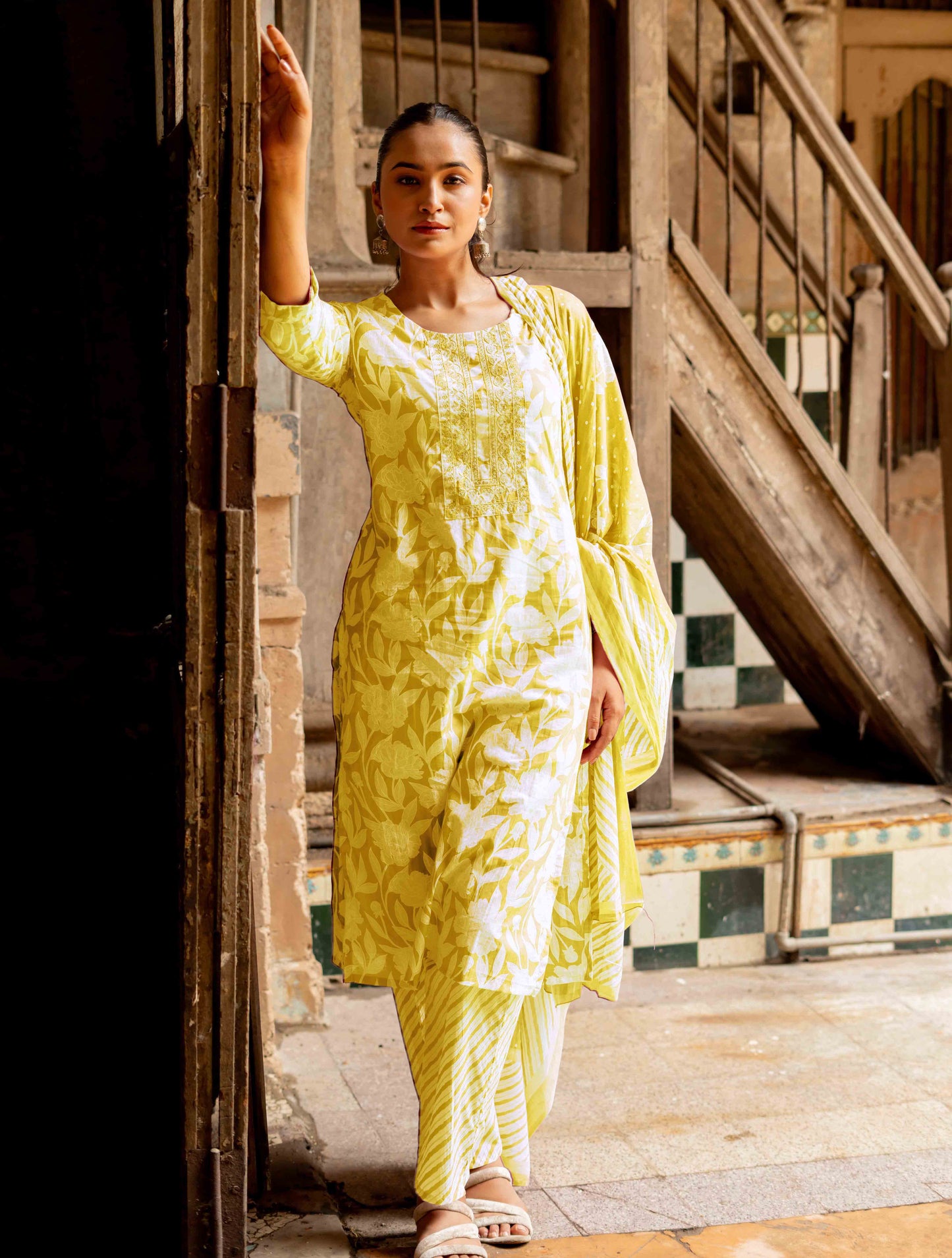 Floral Print With Embroidered Cotton Kurta Set