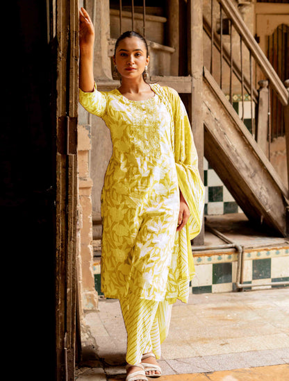 Floral Print With Embroidered Cotton Kurta Set