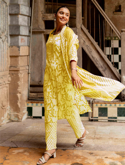 Floral Print With Embroidered Cotton Kurta Set