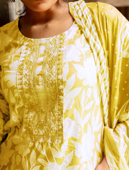 Floral Print With Embroidered Cotton Kurta Set