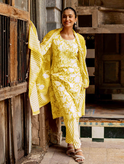 Floral Print With Embroidered Cotton Kurta Set