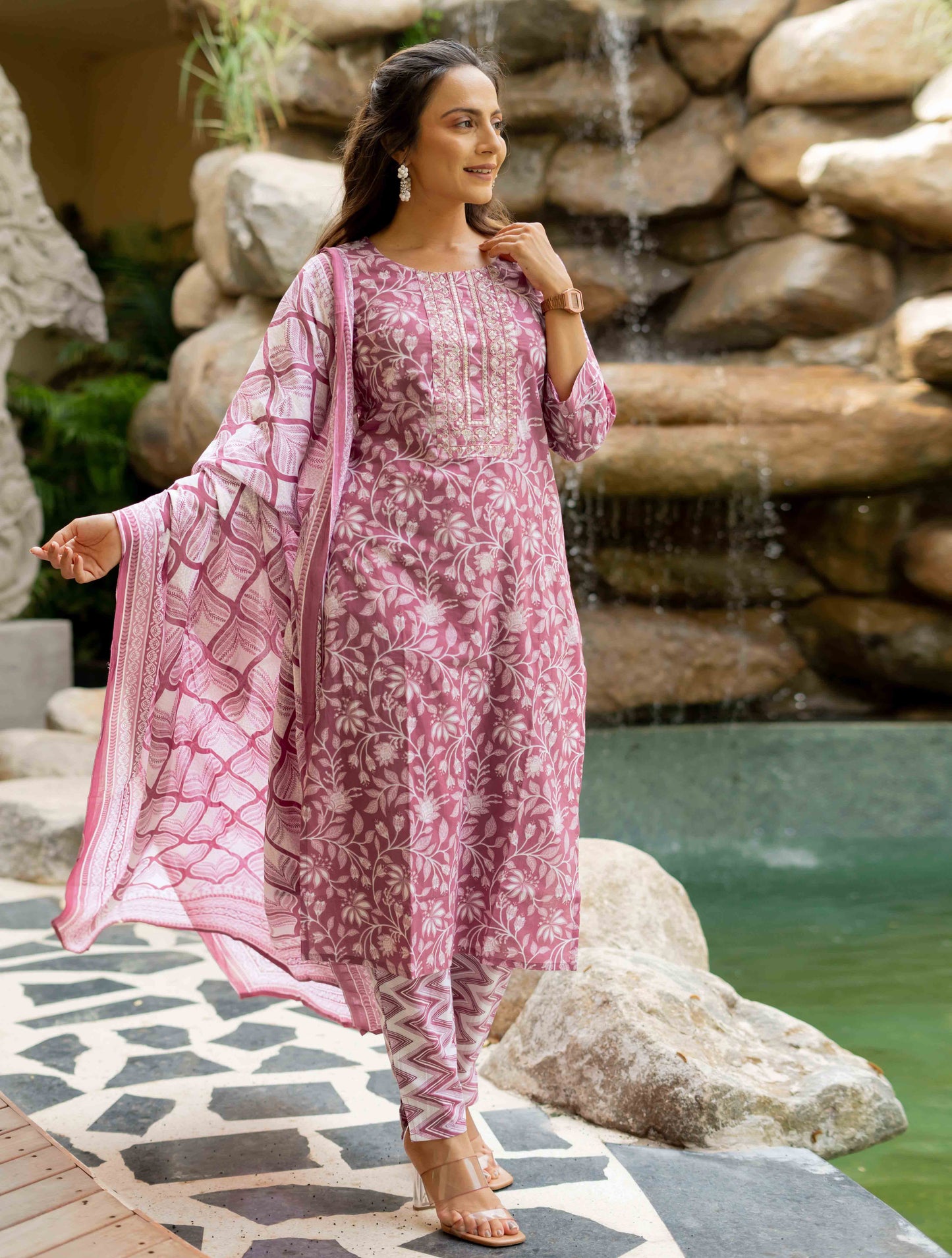 Floral Print With Embroidered Cotton Kurta Set