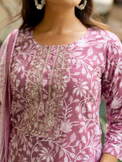 Floral Print With Embroidered Cotton Kurta Set