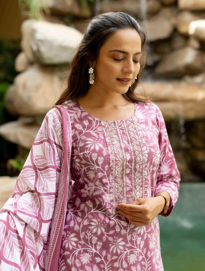 Floral Print With Embroidered Cotton Kurta Set