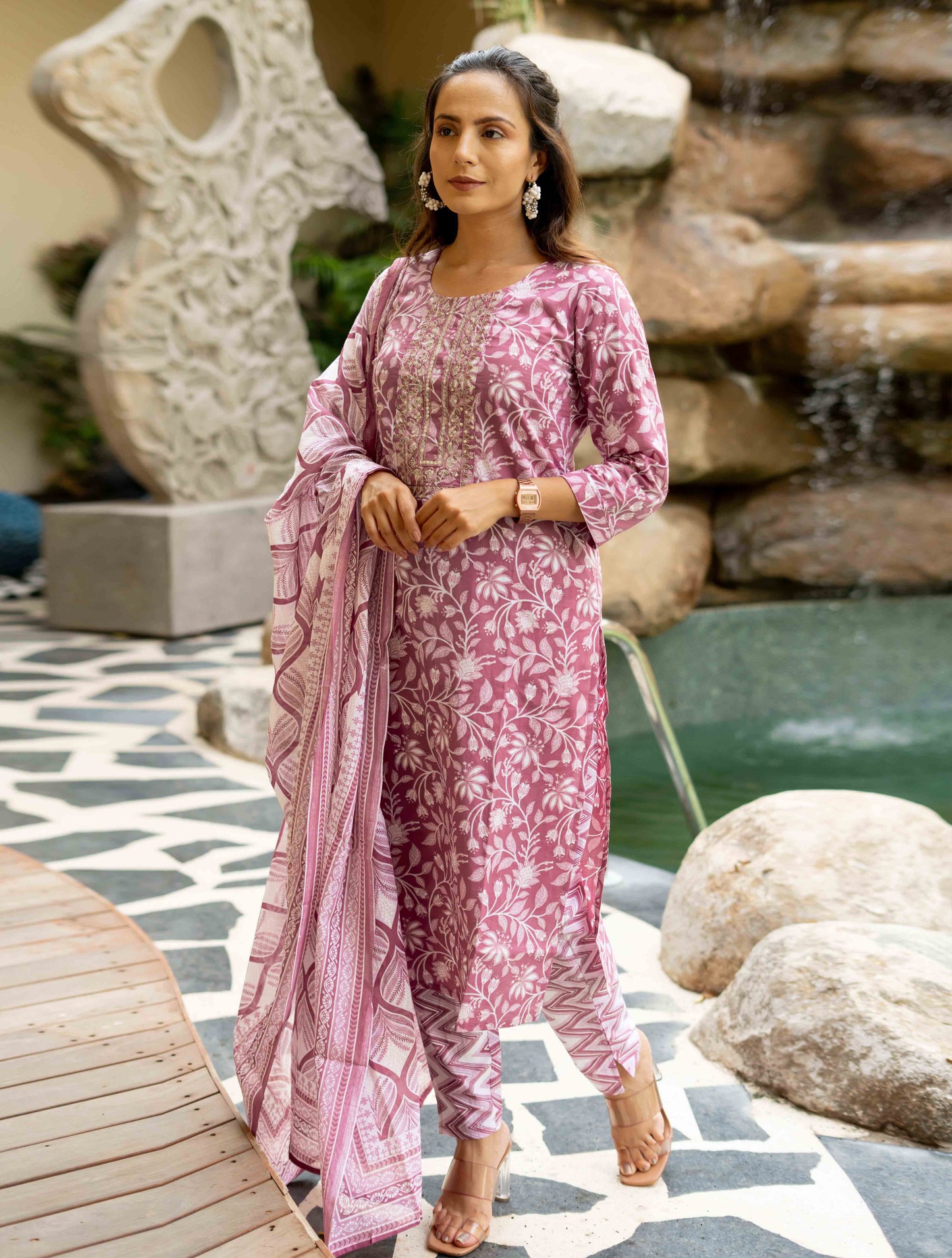 Floral Print With Embroidered Cotton Kurta Set