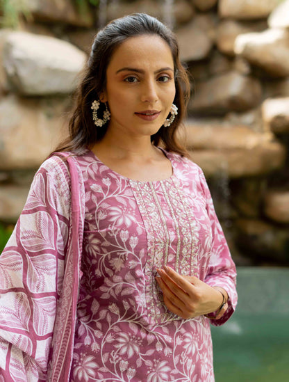 Floral Print With Embroidered Cotton Kurta Set