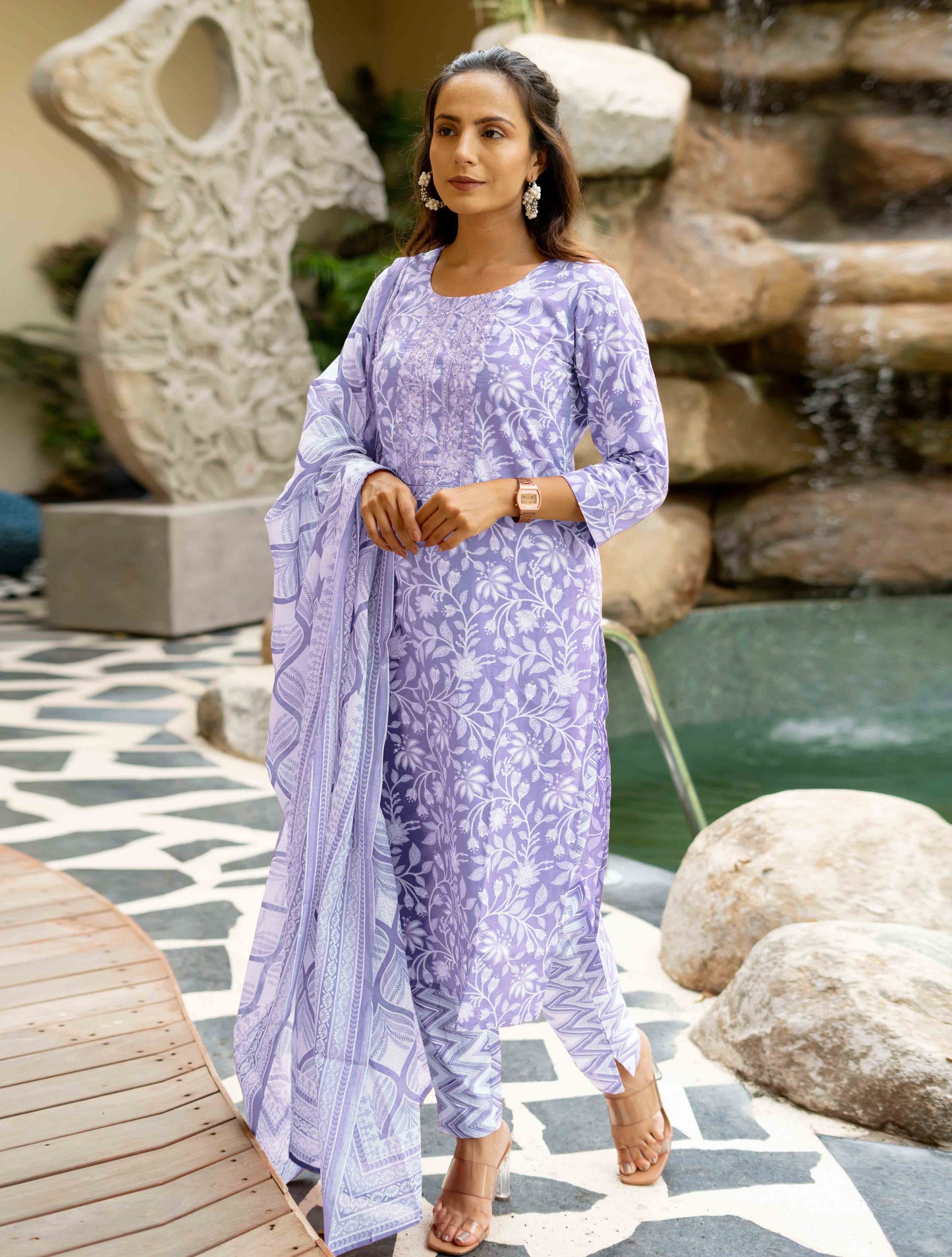 Floral Print With Embroidered Cotton Kurta Set