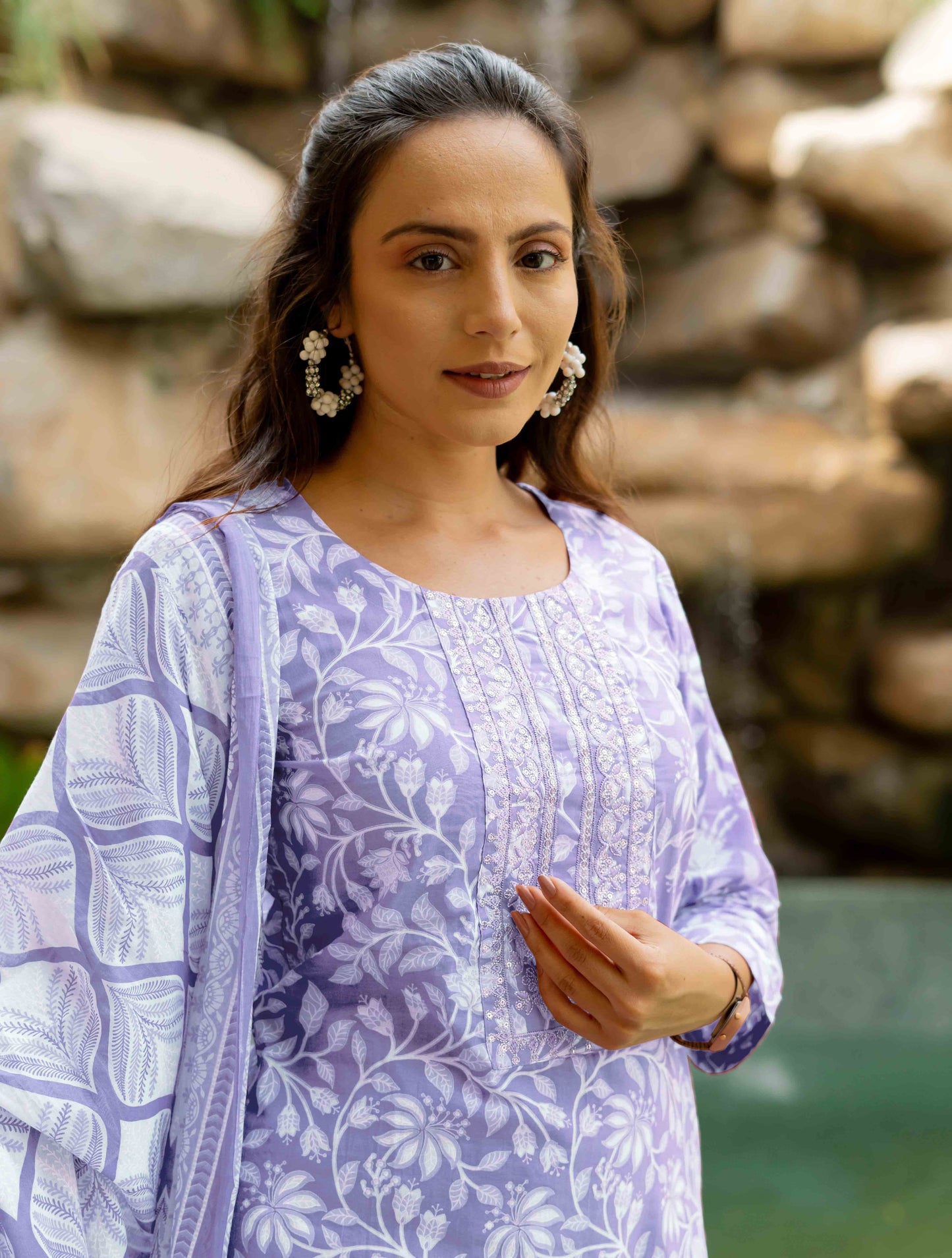 Floral Print With Embroidered Cotton Kurta Set