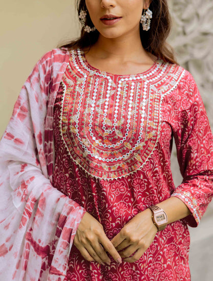 Red Floral Print Cotton Kurta Set