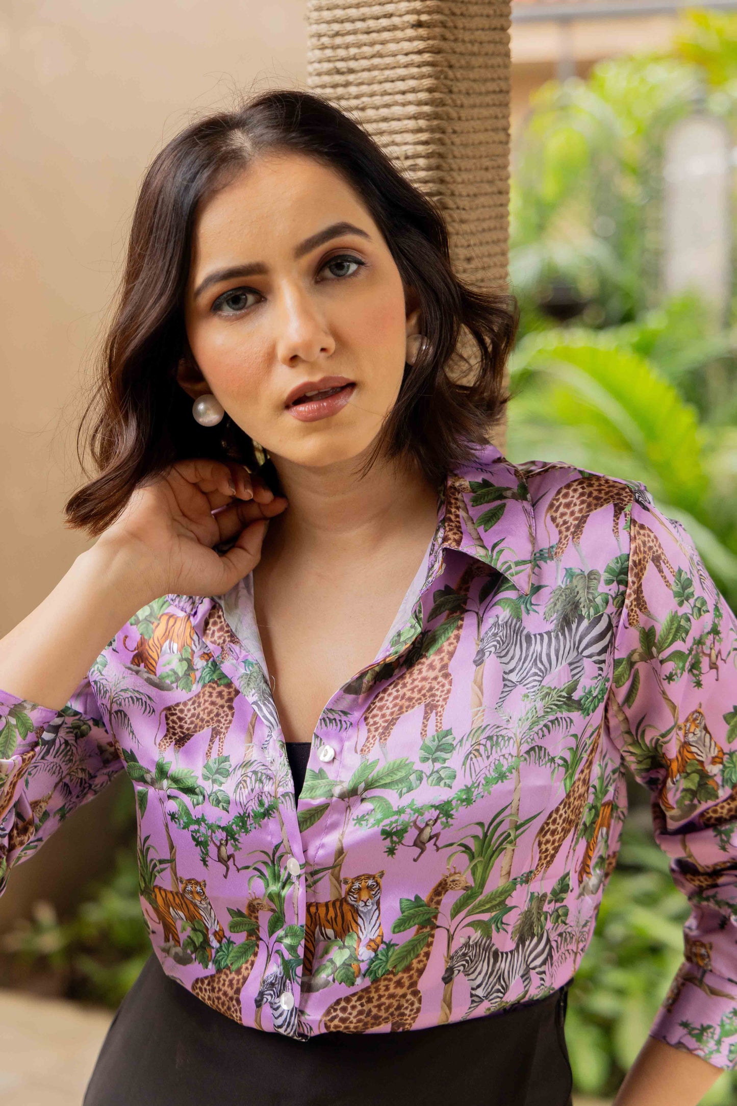 Wild Animal Floral Printed Elegance Satin Shirt