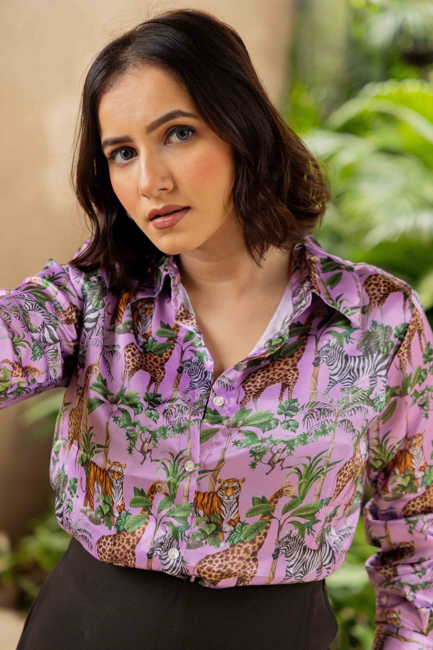 Wild Animal Floral Printed Elegance Satin Shirt