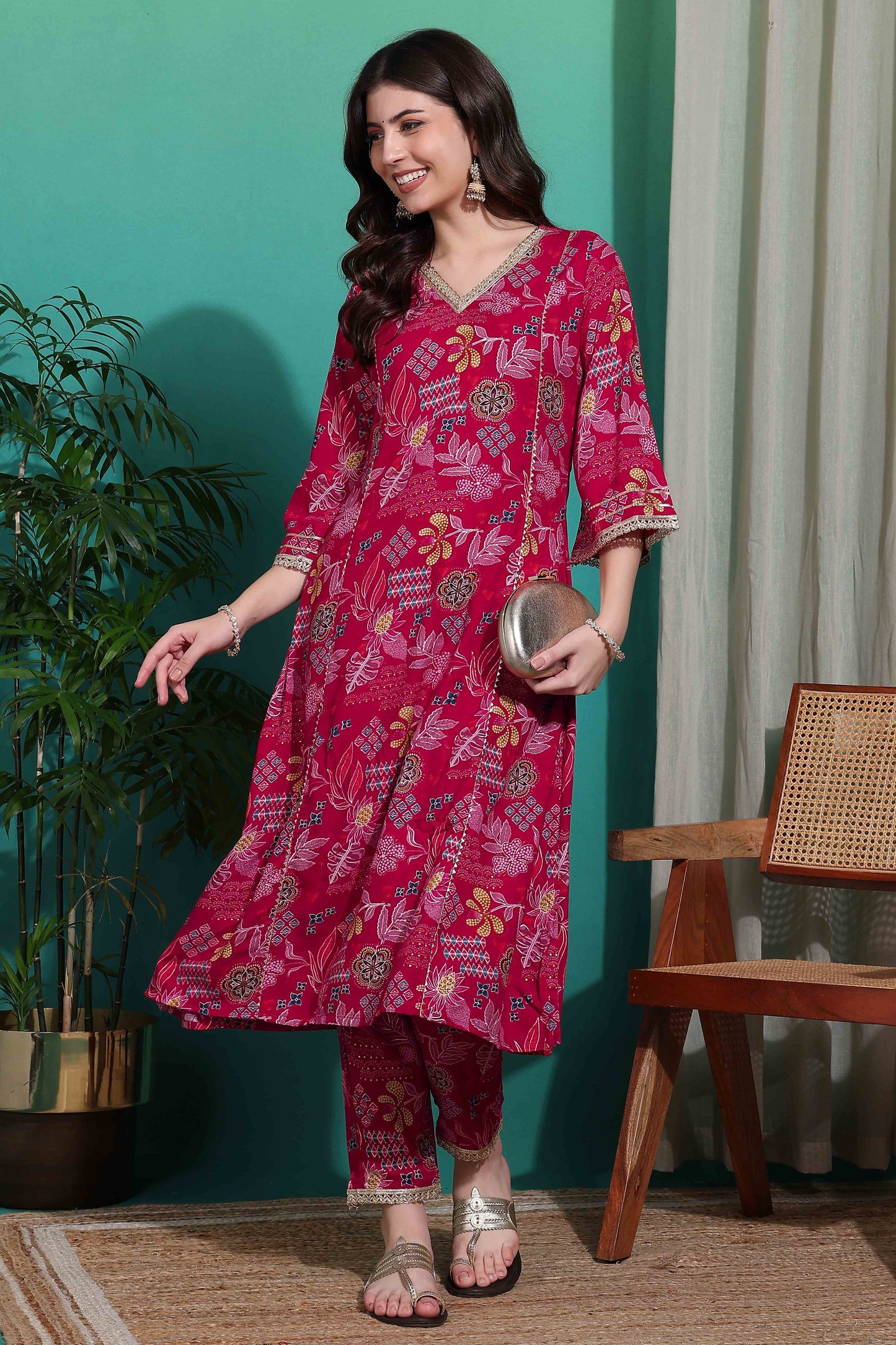 Rani Pink Elegant Viscose Rayon Floral Print Suit