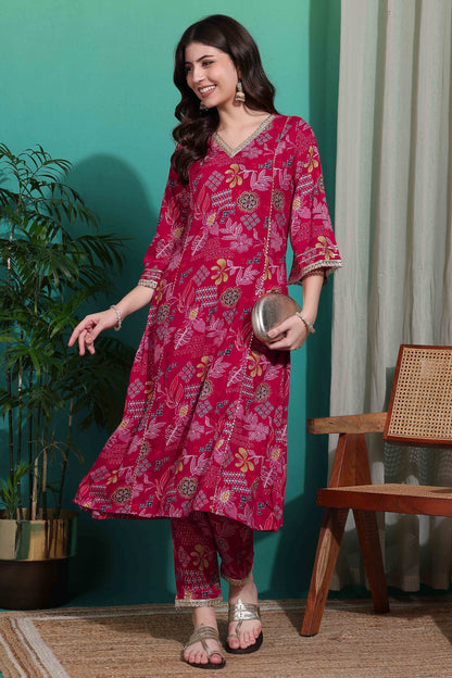 Rani Pink Elegant Viscose Rayon Floral Print Suit